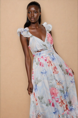 GG5104 Blue Lace-up Back Floral Maxi Dress