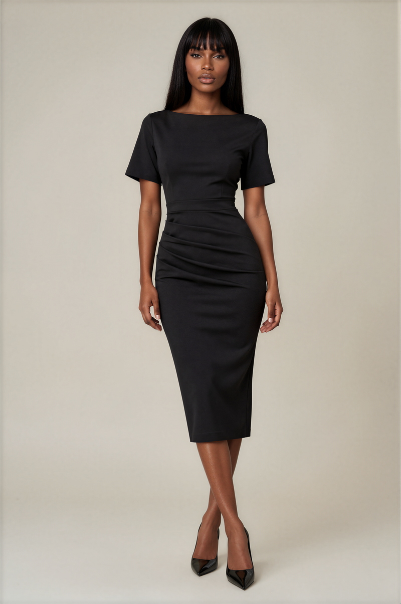 H3162 Boat Neck Ruched Midi Dress