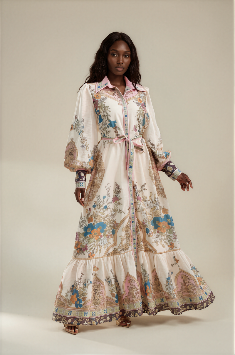 H3125 Beige Floral Print Maxi Dress
