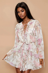 GG5100 White Floral Frill Chiffon Wrap Dress