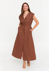 GG3046 Coffee Button Down Midi Dress