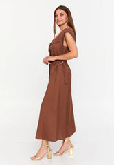 GG3046 Coffee Button Down Midi Dress
