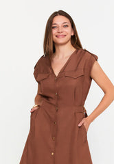 GG3046 Coffee Button Down Midi Dress