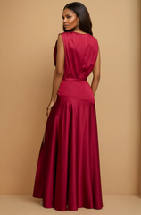 GG4054 Wine Satin Pleated Gown