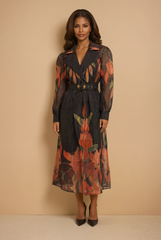 GG2073 Black Floral Coat Dress