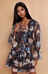 GG5101 Black Floral Frill Chiffon Wrap Dress