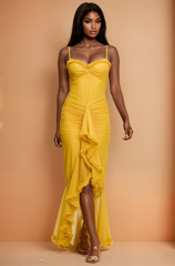 GG4104 Mustard Shirred Mesh Ruffle Maxi Dress