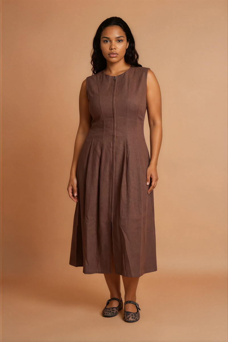 GG2154 Brown Zip Midi Dress