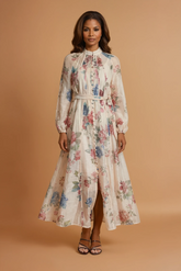 GG2162 Beige Floral Beaded Button Maxi