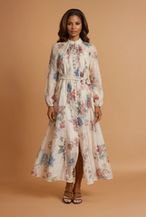 GG2162 Beige Floral Beaded Button Maxi