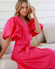 DD7070 Watermelon V Neck Puff Sleeve Dress