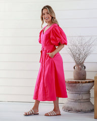 DD7070 Watermelon V Neck Puff Sleeve Dress