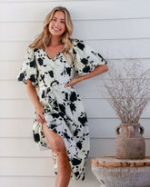 DD7068 White & Black Floral V Neck Puffy Sleeve Dress