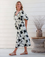DD7068 White & Black Floral V Neck Puffy Sleeve Dress
