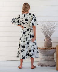 DD7068 White & Black Floral V Neck Puffy Sleeve Dress