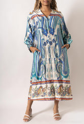 GG1027 Blue Paisley Button Down Maxi Dress