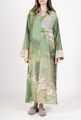 GG1030 Green Abstract Shirt Maxi Dress