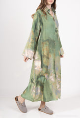 GG1030 Green Abstract Shirt Maxi Dress