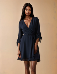 GG2029 Navy Blue Chiffon Knee Length Dress