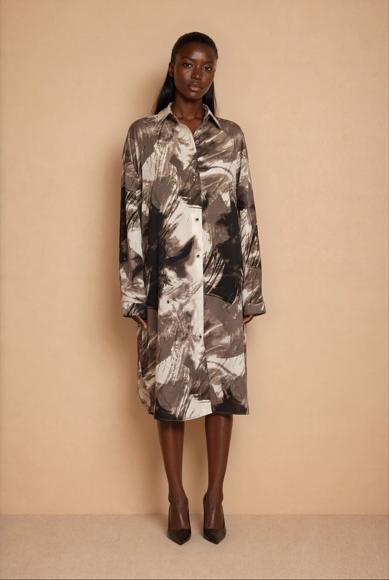 GG2131 Brown Brush Stroke Shirt Dress