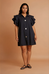 GG2173 Black Frill Shoulder Dress