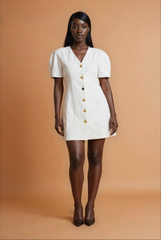 GG3107 White Button Down Knee Length Dress