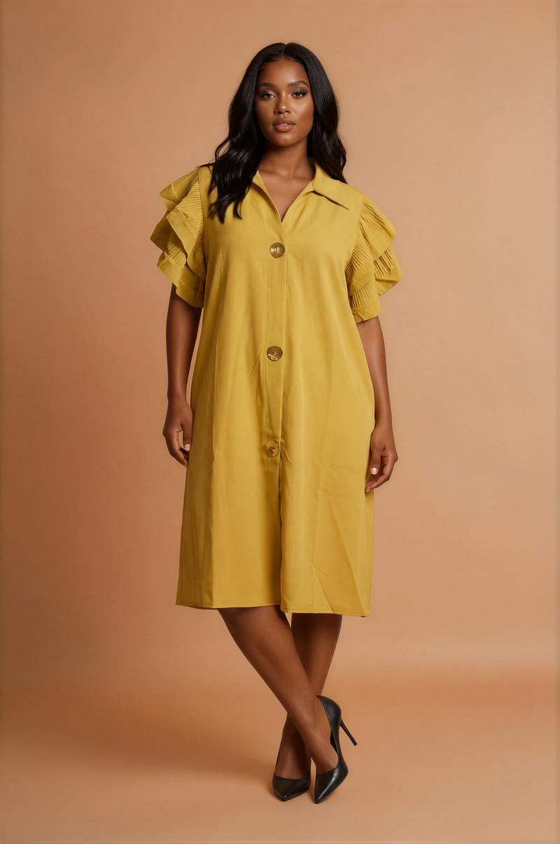 GG3400 Mustard Frill Shoulder Dress