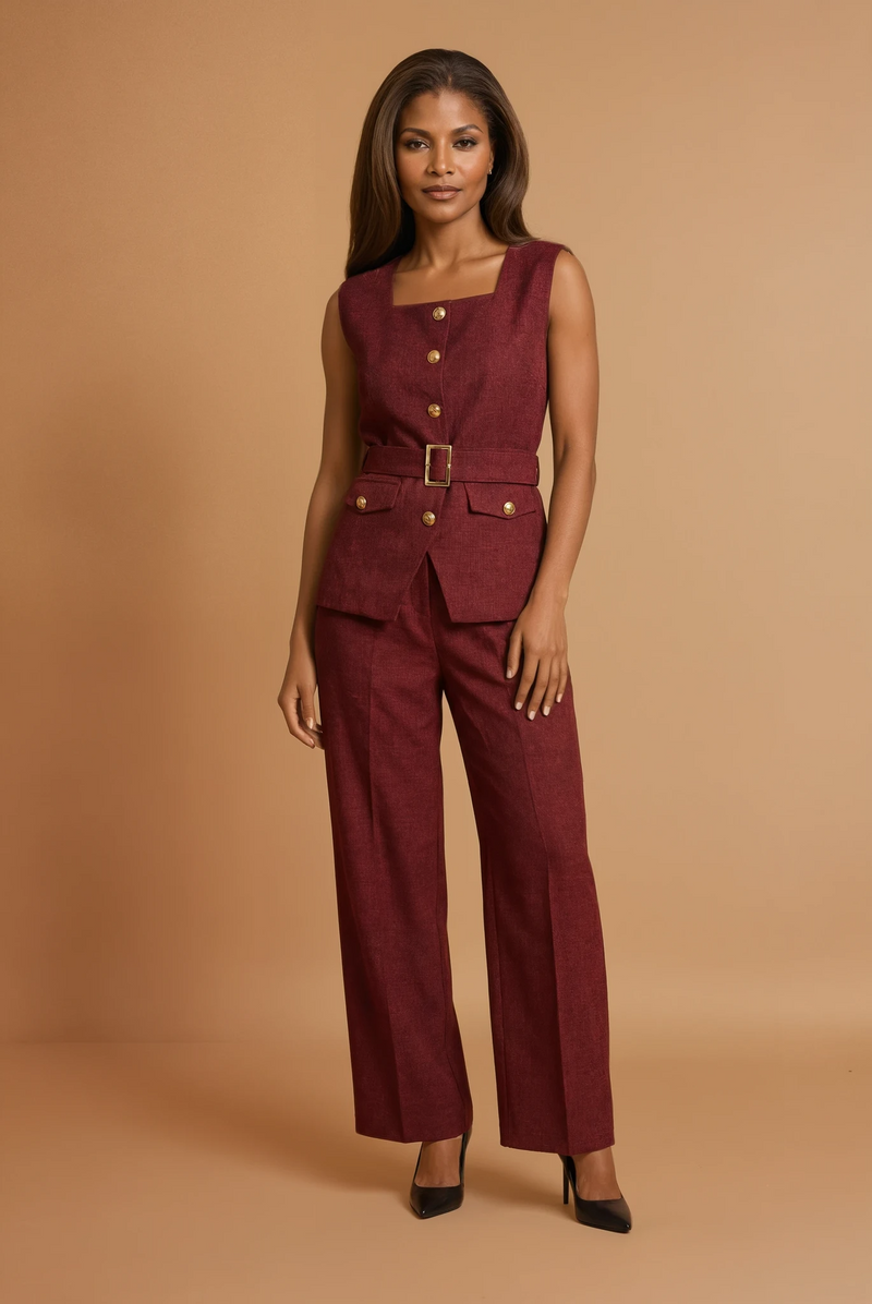 GG3409 Burgundy Belted Sleeveless Jacket