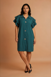GGG4110 Hunter Green Frill Shoulder Dress