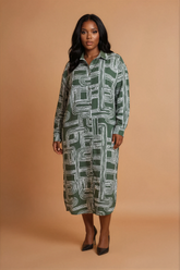GGG4115 Green Khaki Swirl Maxi Shirt Dress