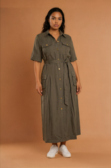 GGG5107 Khaki Midi Button Dress