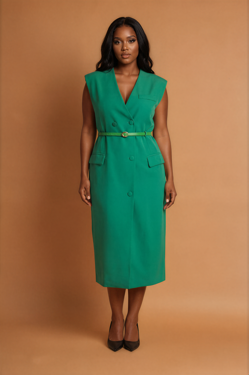 GGG5109 Green Asymmetric Button Down Midi