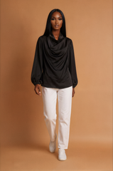 GGG5126 Black Satin Cowl Neck Top