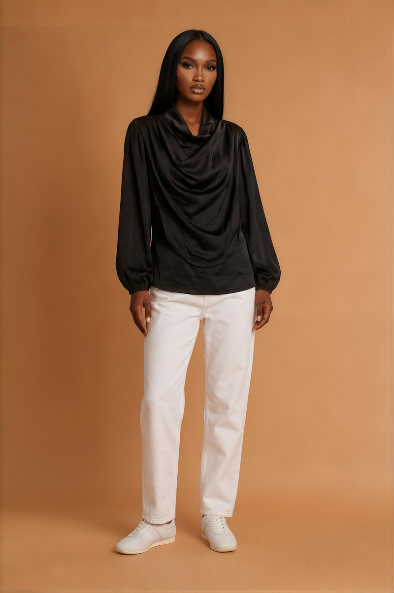 GGG5126 Black Satin Cowl Neck Top