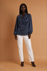 GGG5124 Navy Satin Cowl Neck Top