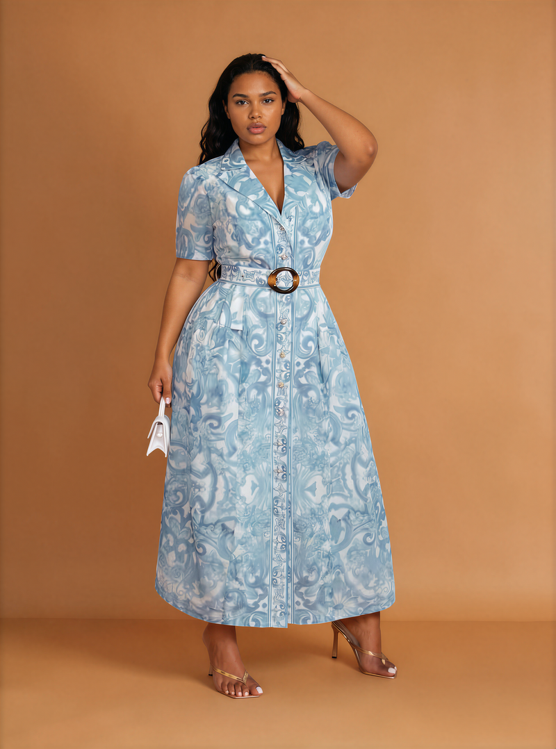 H2034 Blue Swirl Midi Dress