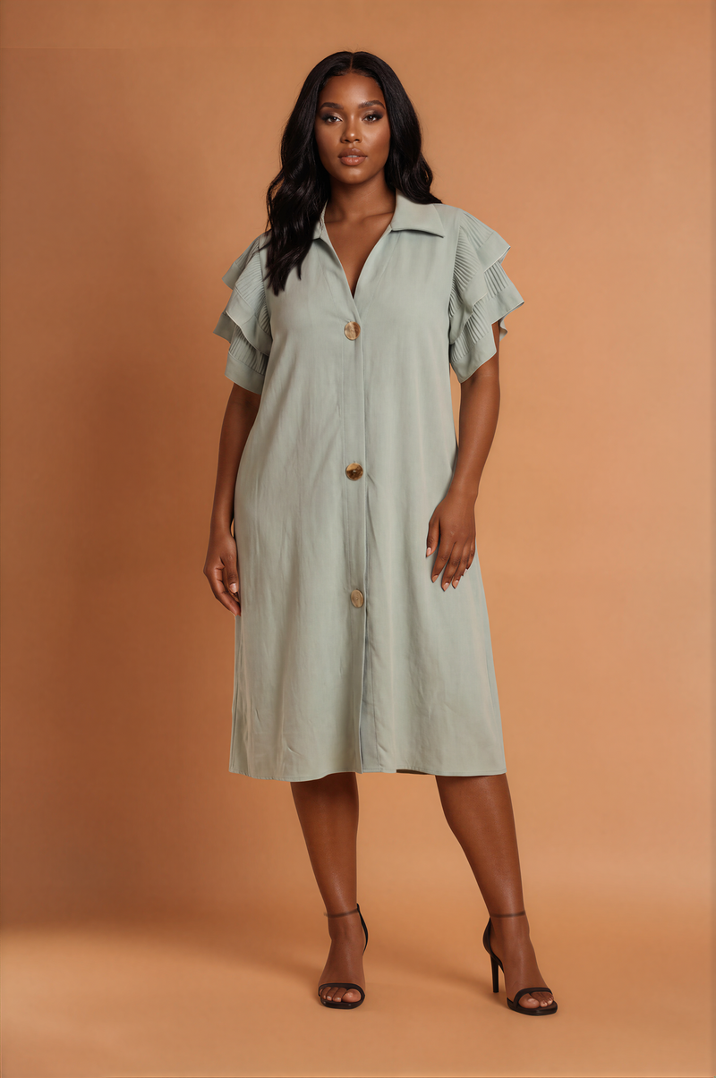 H2044 Mint Frill Shoulder Midi