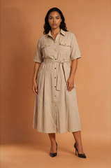 H2045 Sand Button Midi Dress