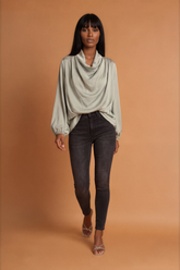 H2048 Mint Satin Cowl Neck Blouse