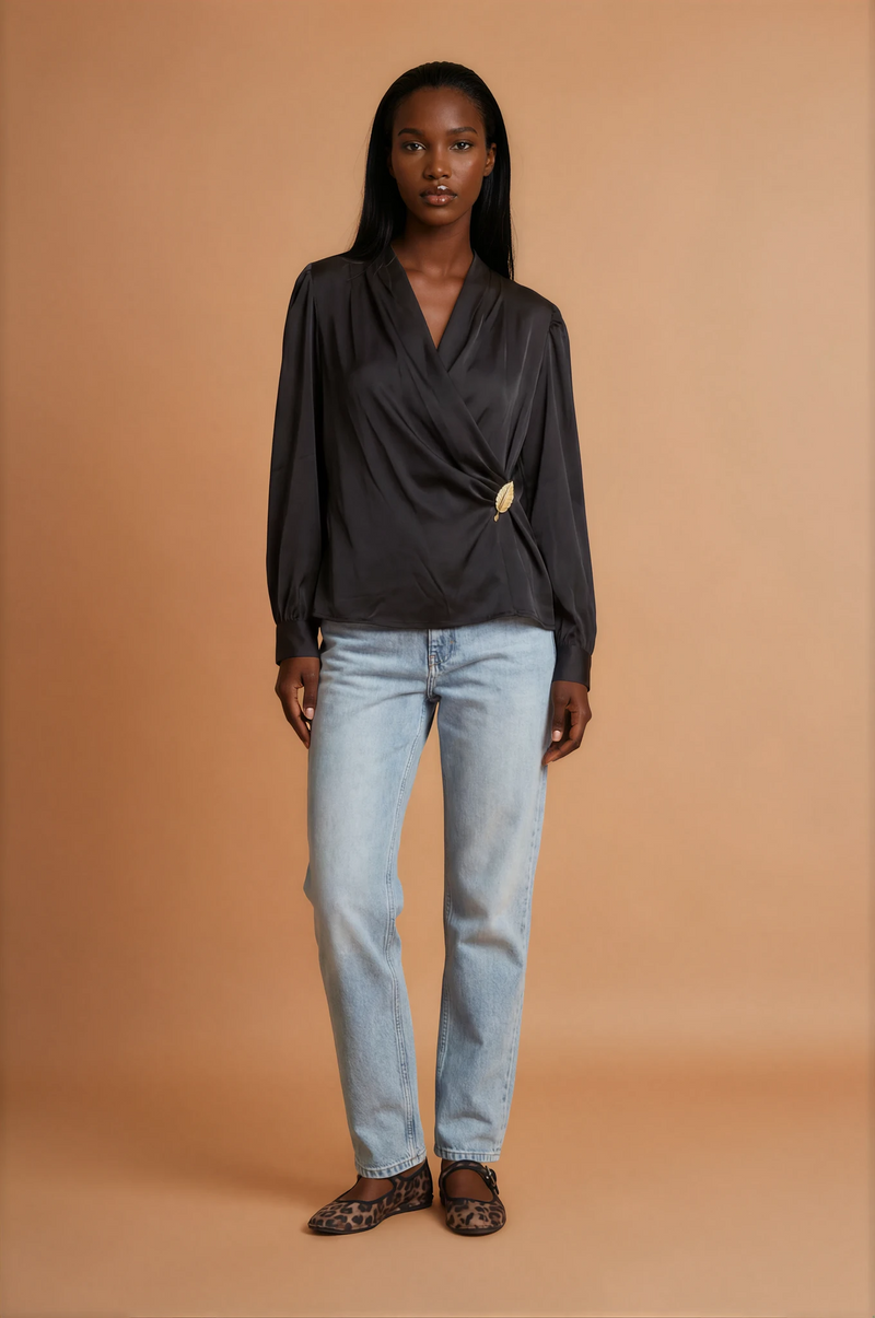 GGG4108 Black Satin Gold Waist Top