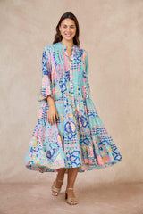 GG1072 Blue Fun Print Maxi Dress