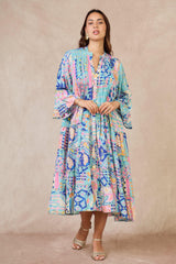 GG1072 Blue Fun Print Maxi Dress