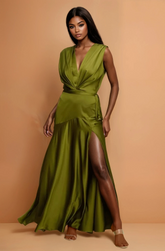 GG4053 Olive Satin Pleated Gown