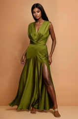 GG4053 Olive Satin Pleated Gown