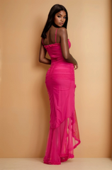 GG4055 Shirred Mesh Ruffle Maxi Dress