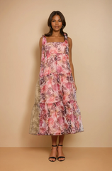 GG5102 Organza Floral Printed Tiered Midi Dress