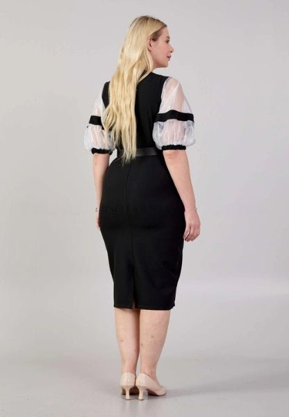 D3911 B&W Sheer Arm Midi Dress - La Elegant