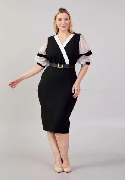D3911 B&W Sheer Arm Midi Dress - La Elegant