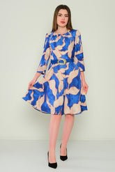 D9332 Blue - Beige Leaf Knee Length Dress - La Elegant