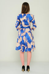 D9332 Blue - Beige Leaf Knee Length Dress - La Elegant